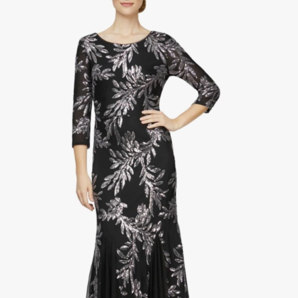 Alex Evenings Black Maxi Dress with Silver Leaf Sequin Design